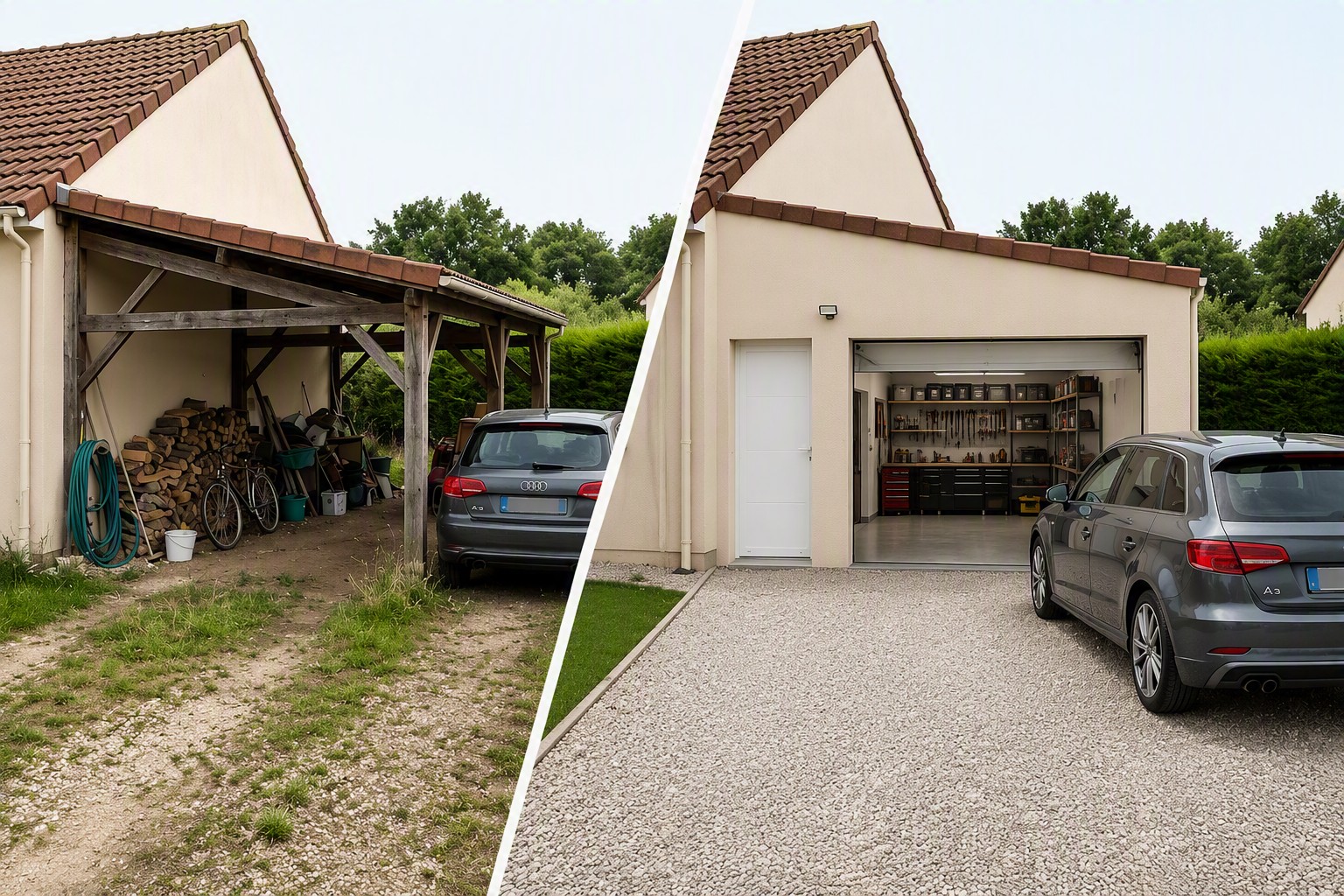 Carport ou préau existant transformé en garage fermé et sécurisé.