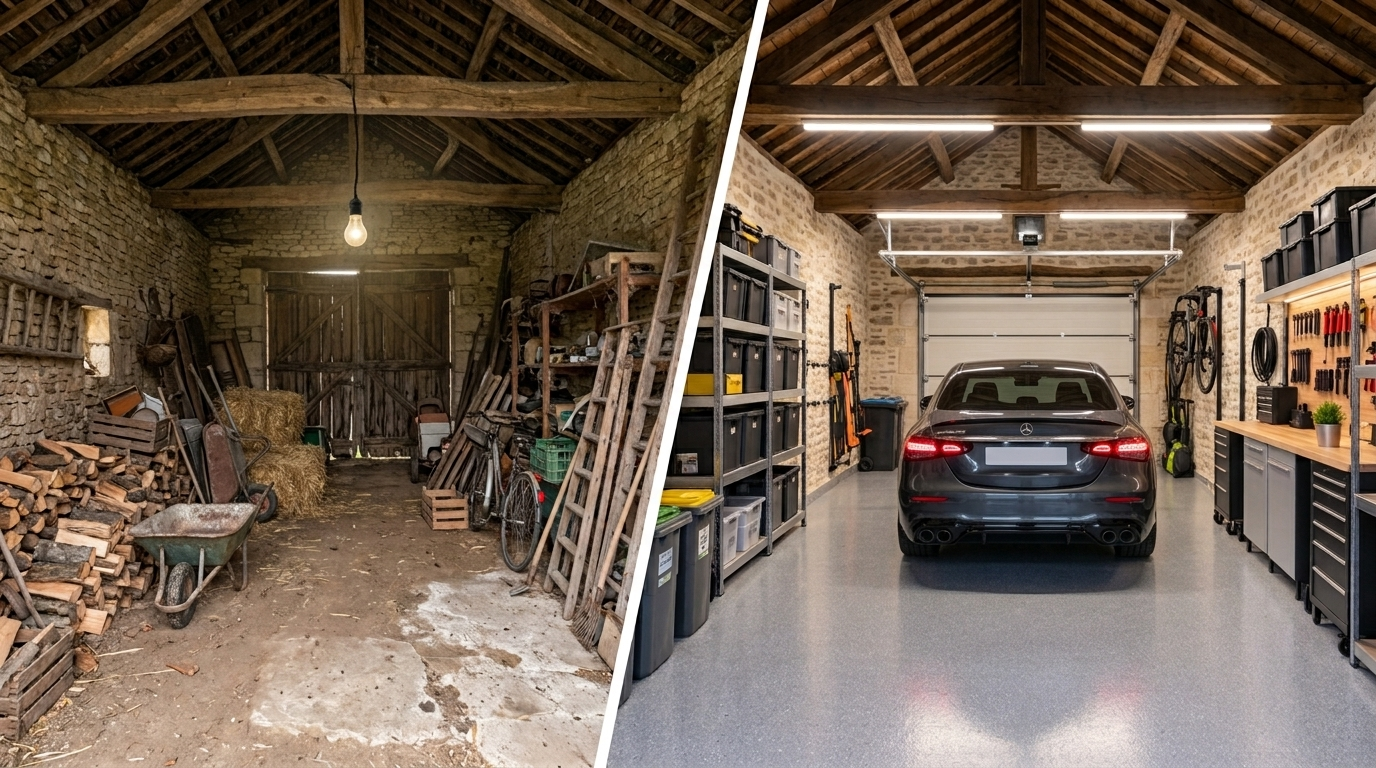Transformation d’une grange ou d’une dépendance en garage fonctionnel.