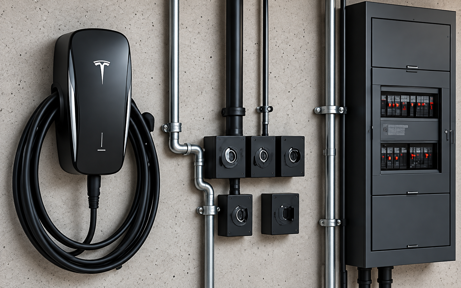 Réseau électrique intégré dans un garage équipé de mobilier anthracite.