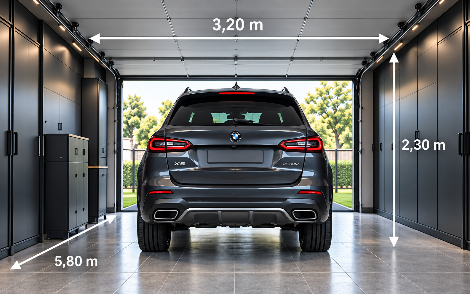 BMW X5 dans un garage avec représentation des gabarits et dégagements.