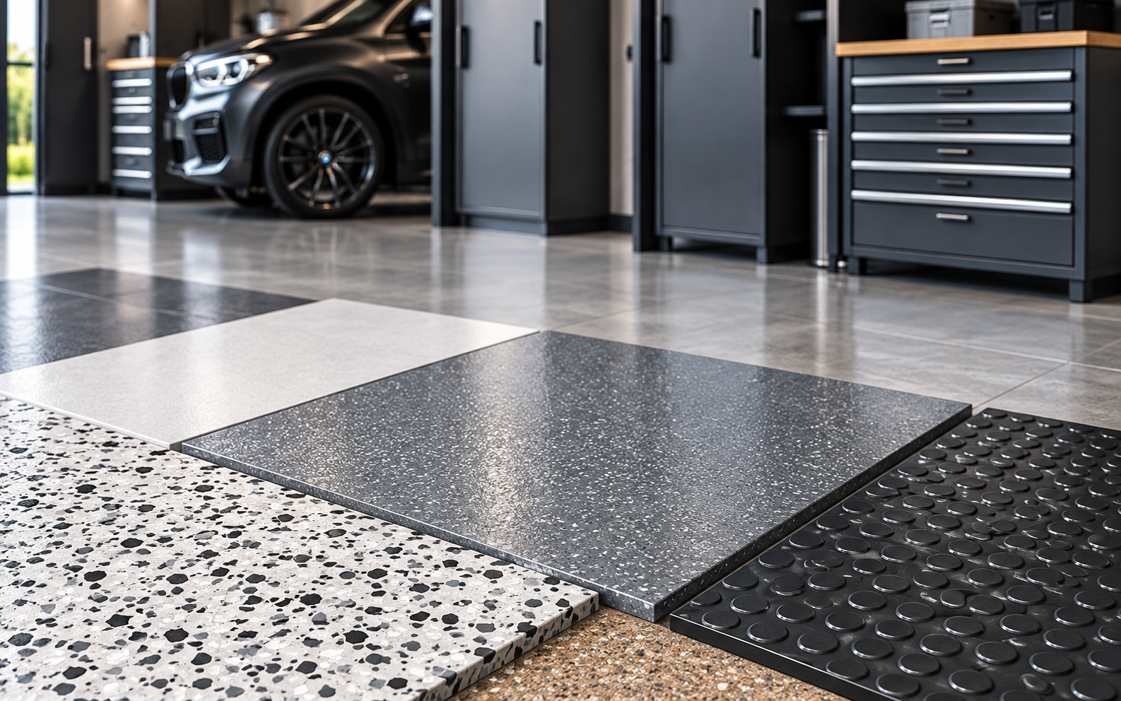 Échantillons de revêtements de sol pour garage.